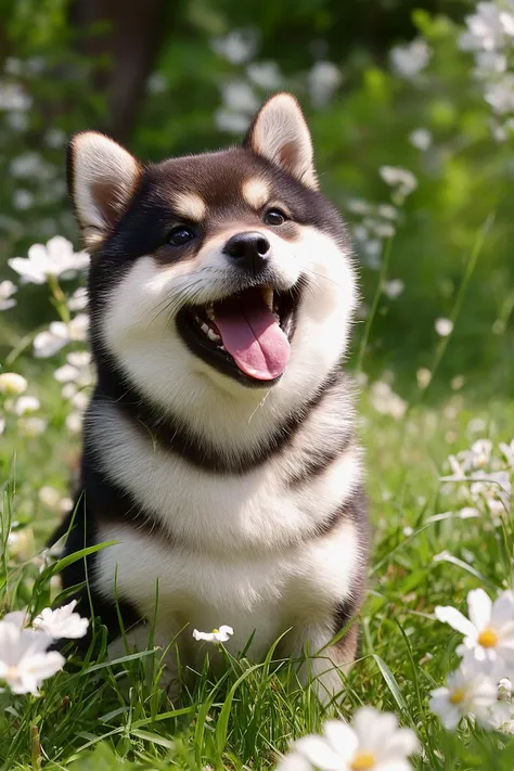 a Shiba Inu dog amidst a lush green meadow filled with white daisies. The dog appears to be joyful, with its tongue out, possibly panting or smiling. The sunlight filters through the leaves, casting a warm glow over the scene, creating a serene and peaceful ambiance.
<lora:shiba_v1:0.7>