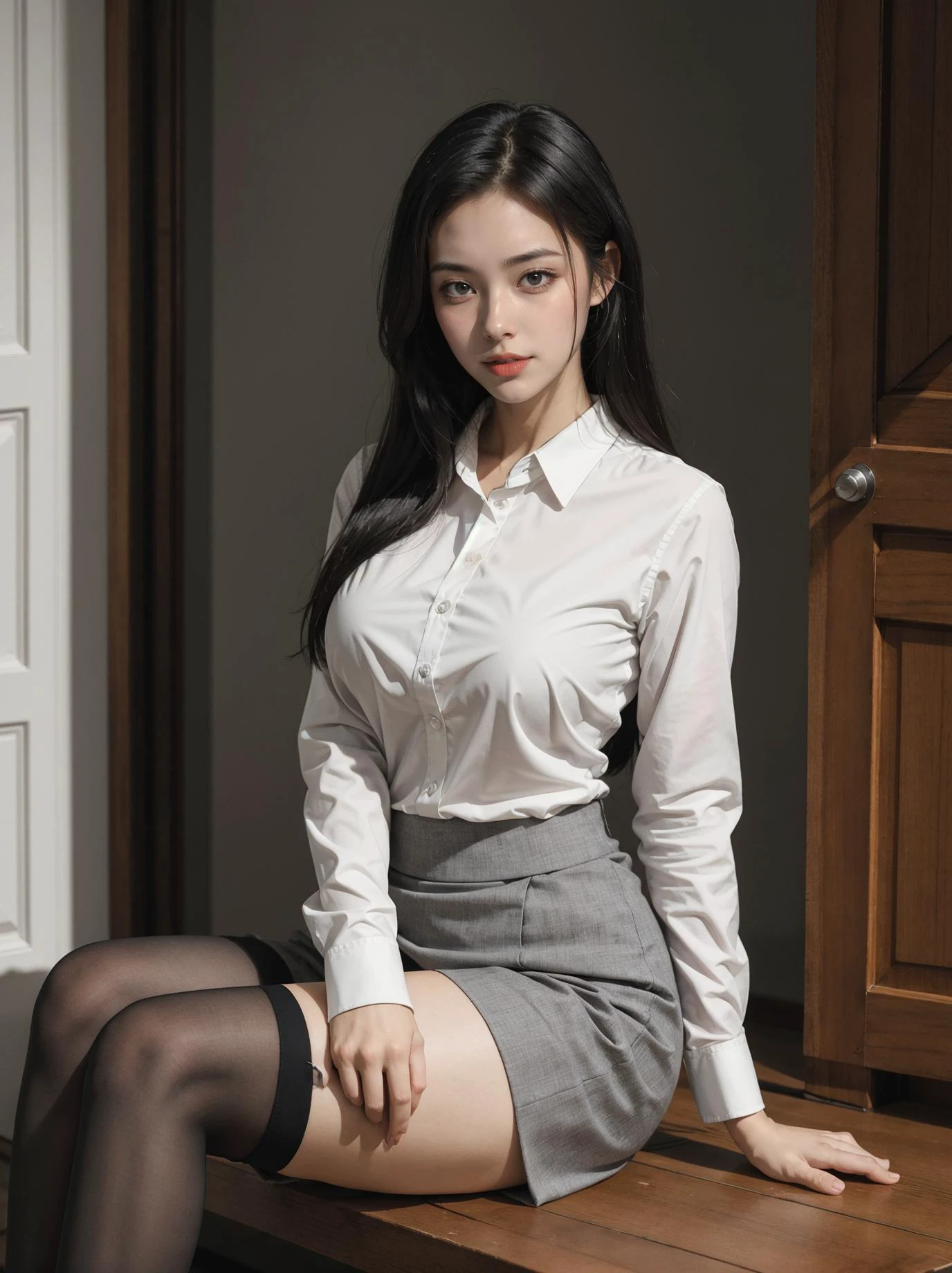 1girl, solo, full body and sit,
night, indoors background,
(long hair:1.1),
(business suit and blouse:1.2),stockings,
(Straight breasts:1.1),medium breasts,
( handsome model),best quality, absurdres, Photography, sharp focus:1.4, (RAW photo, photorealistic, masterpiece, best quality, ultra high res), (super_detail, hyper_detail, finely_detailed),