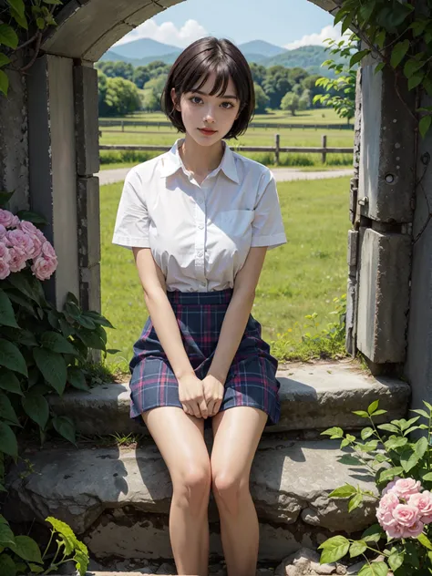 1girl, solo, full body and sit, in the cave, Hiding among the flowers,colorful flowers,
garden background,winter,Farmland,(rainbow:1.2),
short hair,
(Collared shirt, plaid skirt),
(Straight breasts:1.1),medium breasts,Cute gesture,
(a 17 years old fashion and cute model),best quality, 8K, HDR, highres, absurdres:1.2,sharp focus:1.3, ,Photography,RAW photo, photorealistic, masterpiece, best quality, ultra high res, super_detail, hyper_detail, finely_detailed,