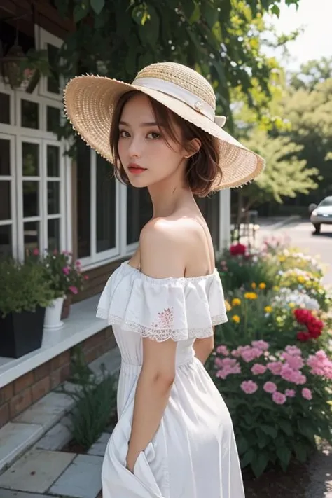 Best quality, masterpiece, ultra high res, (photorealistic:1.4), 1girl, outdoor, sunhat, off shoulder, white casual dress, lace, piercing, beautiful side profile, porch, garden, flowers, sunlight, elegant, sidelighting,