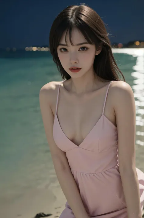 1girl, solo,realistic,
(Night Beach:1.3),Microsoft Light, (Swim in the sea:1.3),
(Island background:1.3),(upper body),
(bangs:1.3,long hair:1.3),
(pink dress),(sneakers),
(A young nose:1.4),(Open mouth:1.1),
(a photo of a 20 years old fashion and Beautiful model),(realistic face texture),best quality, 8K, HDR, highres, absurdres:1.2,( super handsome and clear face),Photography,(RAW photo:1.2, photorealistic:1.4, masterpiece:1.3, best quality:1.3, ultra high res:1.2), sharp focus:1. 4, (taken by Nikon D3, 85mm, f/1.4, ISO 200, 1/160s:0.75,UHD), (super_detail, hyper_detail, finely_detailed),