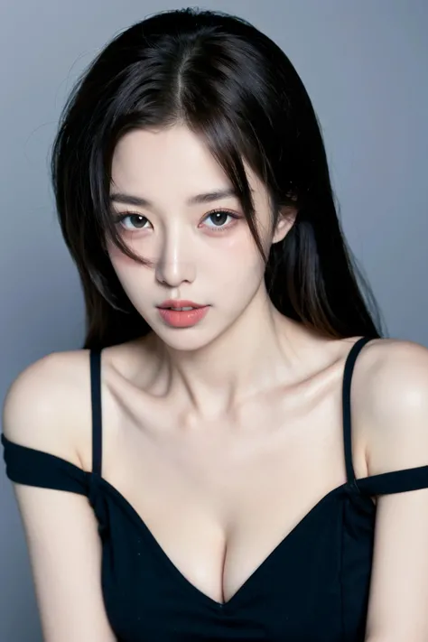 1girl, solo, breasts, cleavage, black hair, long hair, realistic, looking at viewer, simple background, grey background, parted lips, bare shoulders, lips, black eyes, upper body, off shoulder