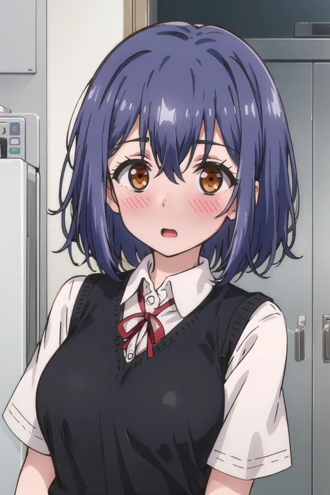 <lora:Suzu_LM-V2:1> suzudef, blue hair, brown eyes, short hair
neck ribbon, upper body, looking at viewer, school uniform, red ribbon, blush, short sleeves, collared shirt, medium breasts, bangs, open mouth, sweater vest, hair between eyes, black sweater,
masterpiece, best quality,