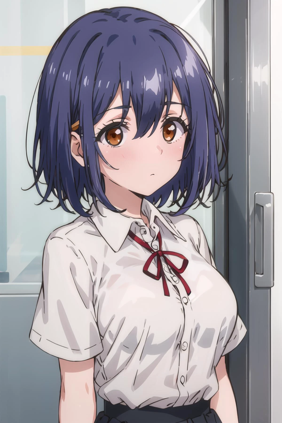 <lora:Suzu_LM-V2:1> suzudef, blue hair, brown eyes, short hair,
neck ribbon, upper body, looking at viewer, school uniform, red ribbon, collared shirt, dress shirt, breasts, ribbon, bangs, white shirt, solo, closed mouth, 1girl, hair between eyes, short sleeves, black skirt,
masterpiece, best quality,