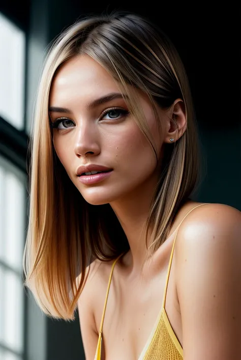 photo of beautiful (EPSylw14But0r:0.99), a woman with perfect hair, (Short blunt cut hairstyle), wearing (yellow my/cosytops :1.1), (plain white tt-location :1.1), modelshoot style, (extremely detailed CG unity 8k wallpaper), professional majestic photography, (smile), ((upper body)), (camera), 24mm, exposure blend, hdr, faded, extremely intricate, High (Detail:1.1), Sharp focus, dramatic, soft cinematic light, (upper body), (looking at viewer), (detailed pupils), 4k textures, soft cinematic light, adobe lightroom, photolab, elegant, ((((cinematic look)))), soothing tones, insane details, hyperdetailed, low contrast