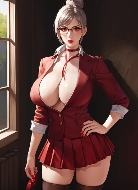 beautiful, masterpiece, best quality, realistic photo of 1girl, shiraki meiko, breasts, huge breasts, choker, cleavage, flowerxl, formal, glasses, grey hair, hair bun, prison school, red lips, red nails, shiny clothes, shiny skin, single hair bun, skirt, solo, suit, thick thighs, thighhighs, thighs <lora:my_LoRA_ShirakiMeiko_v1:0.6>