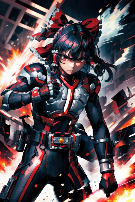masterpiece,best quality,1girl,(ruby rose),gradient hair,black hair,red hair,grey eyes,light frown,Faiz,black bodysuit,(rider belt:1.3),gloves,(armor),bodysuit,fighting stance,action pose,attack,punching,motion lines,motion blur,blast wave,cowboy shot,((ruins)),<lora:Faiz:0.7>,<lora:rwby_rose:0.9>,