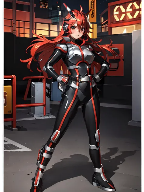 (extremely detailed CG), (best quality), perfect face, shiny skin, lustrous skin,wide hips, 1girl,solo <lora:zou-000016:0.7>zou, headgear, very long hair <lora:Faiz-10:0.9> Faiz,black footwear, boots,black bodysuit, rider belt, gloves, ,(armor:1), bodysuit,night, smile, standing, hands on hips,