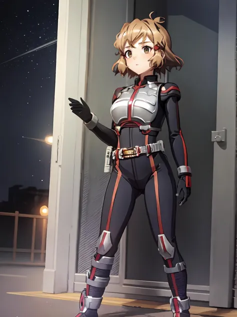 anime boy, crossdresser, 1boy, medium dark brown hair, red eyes, brown skin, wide hips, narrow waist and thick thighs, flustered, brushing, standing in space, flat chest, full body suit, visible bulge, skin tight space green quantum space suit in outer space