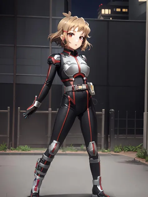 (extremely detailed CG), (best quality), perfect face, shiny skin, lustrous skin,wide hips, 1girl,solo <lora:Hibiki flexible:0.7>thflex ,fullbody,tachibana hibiki \(symphogear\) (hair clip:1.1) brown eyes,<lora:Faiz-10:0.9> Faiz,black footwear, boots,black bodysuit, (rider belt:1), gloves, ,(armor:1), bodysuit,night,standing