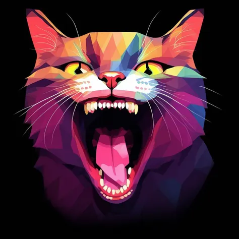 lwpztxxs, no humans, open mouth, solo, tongue, fangs, simple background, animal focus, looking at viewer, cat, black background, tongue out, animal, prismatic, low poly, vector art, geometric, vector illustration, flat colors, masterpiece, best quality