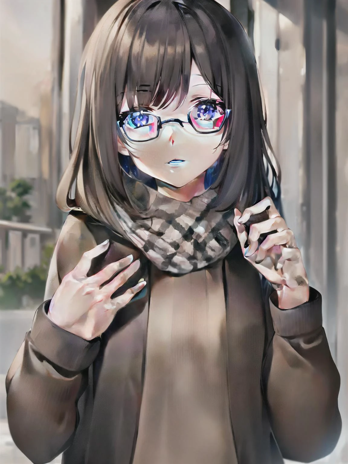 masterpiece, best quality, 1girl,<lora:cla2-000002:1>glasses,sweater,scarf,upper body,