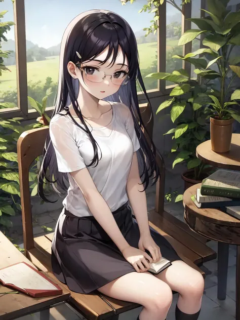 masterpiece, best quality, 1girl,<lora:cla2-000002:1>shirt,skirt,book,sitting,indoors,glasses,hairpin,