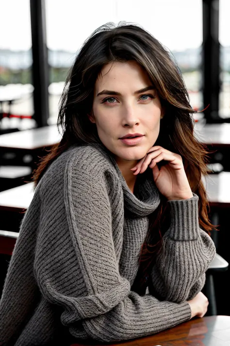 cobieSmul1piercing eyes, looking straight, very happy,long hair, wearing a gray and brown long sleeve sweater, closeup portrait, in a outdoor cafe in 2015, afternoon light