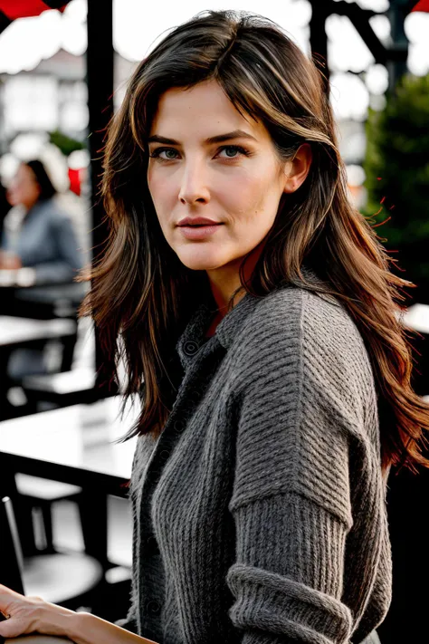 cobieSmul1piercing eyes, looking straight, very happy,long hair, wearing a gray and brown long sleeve sweater, closeup portrait, in a outdoor cafe in 2015, afternoon light