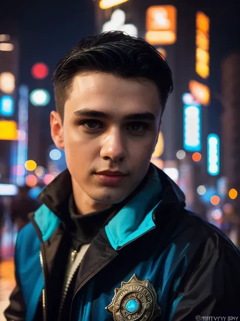 Masterpiece, Best Quality, (8k resolution), (ultra-detailed), perfection, 1boy, black hair, (blue jacket), undercut, Handsome cucasian man, Height above 180cm, The face is clean and free of scum, Not short sideburns, Medium distribution type, cyberpunk style, middle of the street, Shibuya, scenery, cowboy shot, Look down from above, looking at viewer, intricately detailed.,Best quality, masterpiece, ultra high res, (photorealistic:1.4), detailed face, detailed eyes, raw photo, semi blonde hair, full body, view from top, (cyberpunk night city background:1.2),