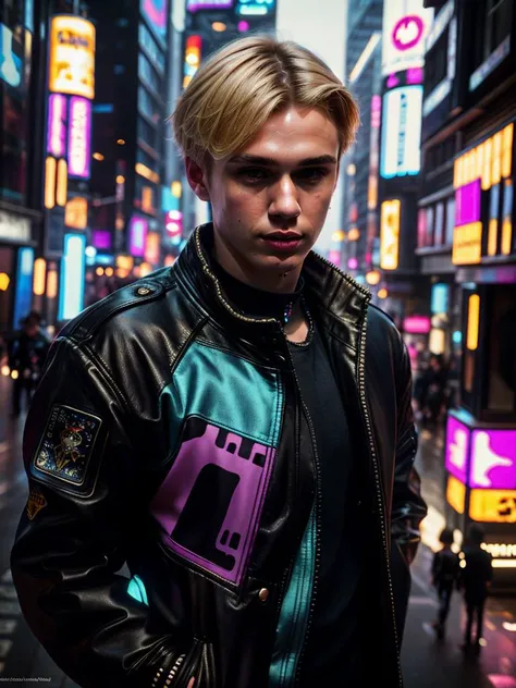 Masterpiece, Best Quality, (8k resolution), (ultra-detailed), perfection, 1boy, semi blonde hair, (blue jacket), undercut, Handsome cucasian man, Height above 180cm, The face is clean and free of scum, Not short sideburns, Medium distribution type, cyberpunk style, middle of the street, Shibuya, scenery, cowboy shot, Look down from above, looking at viewer, intricately detailed.,Best quality, masterpiece, ultra high res, (photorealistic:1.4), detailed face, detailed eyes, raw photo, semi blonde hair, full body, view from top, (cyberpunk night city background:1.2),