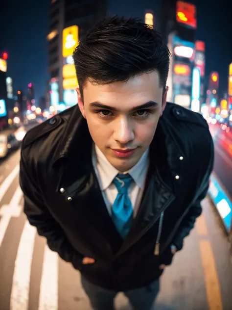 Masterpiece, Best Quality, (8k resolution), (ultra-detailed), perfection, 1boy, black hair, (blue jacket), undercut, Handsome cucasian man, Height above 180cm, The face is clean and free of scum, Not short sideburns, Medium distribution type, cyberpunk style, middle of the street, Shibuya, scenery, cowboy shot, Look down from above, looking at viewer, intricately detailed.,Best quality, masterpiece, ultra high res, (photorealistic:1.4), detailed face, detailed eyes, raw photo, semi blonde hair, full body, view from top, (cyberpunk night city background:1.2),