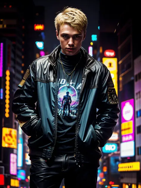 Masterpiece, Best Quality, (8k resolution), (ultra-detailed), perfection, 1boy, (Shot from above watching a young boy fall in stop motion from a skyscraper surrounded by glass and rain, he has a shooting position with two golden guns:1) semi blonde hair, (blue jacket), undercut, Handsome cucasian man, Height above 180cm, The face is clean and free of scum, Not short sideburns, Medium distribution type, cyberpunk style, middle of the street, Shibuya, scenery, cowboy shot, Look down from above, looking at viewer, intricately detailed.,Best quality, masterpiece, ultra high res, (photorealistic:1.4), detailed face, detailed eyes, raw photo, semi blonde hair, full body, view from top, (cyberpunk night city background:1.2),