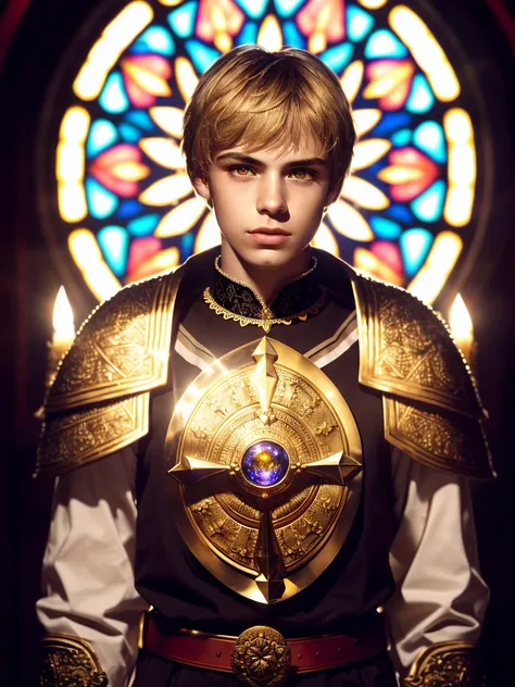 style photo, (  masterpiece, photorealistic, raw:1.4 by portrait half body a young  man -yeld   )aladin in ornate gold armor, black collar, shoulder pads, breastplate, glowing halo, single braid, blonde, glowing yellow eyes, glowing pupils, eye focus, temple within, stained glass, night, moonlight, candles and a huge sword attached to the back,  focus centered ,  (ligtings magic in ambient :1.2) ,Highest quality, (very detailed background:1.4),(photorealistic, raw, extremely intricate:1.4) ,giving the scene a dark atmosphere but sculpting the forms in sharp chiaroscuro, it is morning time, (highly detailed skin), skin texture, (detailed face),nudism,  (very detailed eyes:1.2) (very detailed face:1.2) (very detailed iris and pupils :1.2) round pupils , sunny day, detailed background, sharp focus, twilight lighting, volumetric lighting, highly detailed, intricate details, 8k, highly detailed, UHD, HDR, cinematic action scene , smooth hair ,amazing perspective, looking  front , perfect framing, profesional photo, young face, hiperrealistic anatomy, very slim man body young, ultrarealist skin , blond brown hair, bright lights, <lora:Neon_Barbarian:0.50><lora:add_detail:0.3>