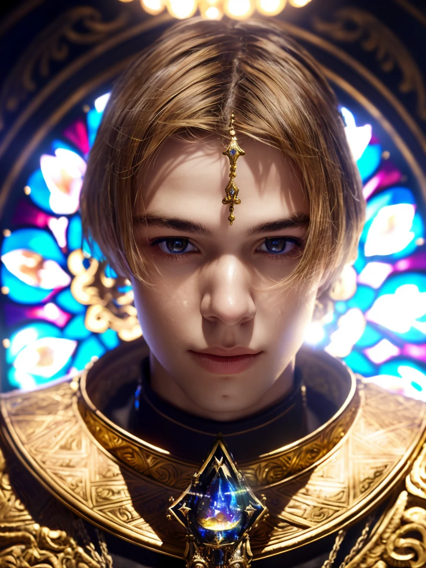style photo, ( masterpiece, photorealistic, raw:1.4 by portrait half body a young man -yeld )aladin in ornate gold armor, black collar, shoulder pads, breastplate, glowing halo, single braid, blonde, glowing yellow eyes, glowing pupils, eye focus, temple within, stained glass, night, moonlight, candles and a huge sword attached to the back, focus centered , (ligtings magic in ambient :1.2) ,Highest quality, (very detailed background:1.4),(photorealistic, raw, extremely intricate:1.4) ,giving the scene a dark atmosphere but sculpting the forms in sharp chiaroscuro, it is morning time, (highly detailed skin), skin texture, (detailed face),nudism, (very detailed eyes:1.2) (very detailed face:1.2) (very detailed iris and pupils :1.2) round pupils , sunny day, detailed background, sharp focus, twilight lighting, volumetric lighting, highly detailed, intricate details, 8k, highly detailed, UHD, HDR, cinematic action scene , smooth hair ,amazing perspective, looking front , perfect framing, profesional photo, young face, hiperrealistic anatomy, very slim man body young, ultrarealist skin , blond brown hair, bright lights, <lora:Neon_Barbarian:0.50><lora:add_detail:0.3>