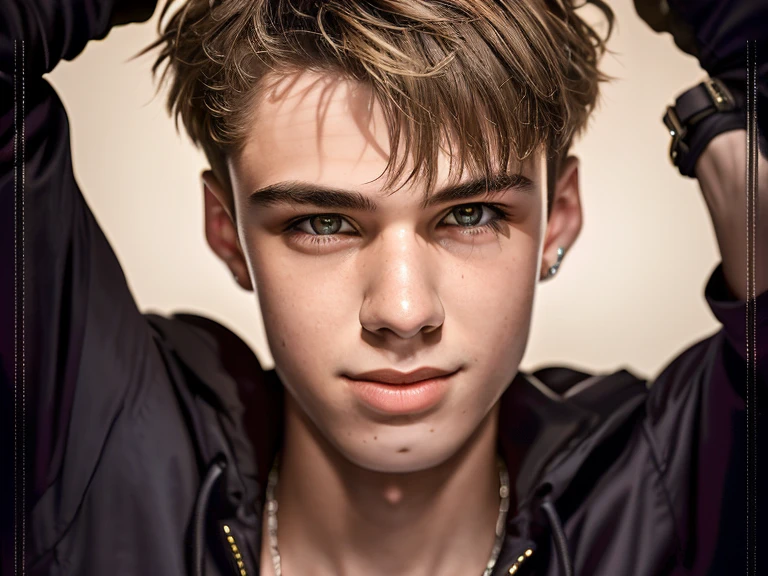 style photo, ( masterpiece, photorealistic, raw:1.4 by portrait half body a young guy -yeld wiclothes from the 90s in the city of Torrevieja ) focus centered , he has smile, (ligtings magic in ambient :1.2) ,Highest quality, (very detailed background:1.4),(photorealistic, raw, extremely intricate:1.4) ,giving the scene a dark atmosphere but sculpting the forms in sharp chiaroscuro, it is morning time, (highly detailed skin), skin texture, (detailed face), seminude chest , wearing a techwear jacket, (very detailed eyes:1.2) (very detailed face:1.2) (very detailed iris and pupils :1.2) round pupils , sunny day, detailed background, sharp focus, twilight lighting, volumetric lighting, highly detailed, intricate details, 8k, highly detailed, UHD, HDR, cinematic action scene , smooth hair ,amazing perspective, looking front , perfect framing, profesional photo, young face, hiperrealistic anatomy, slim man body young, ultrarealist skin , blond brown hair, strong, fierce, bright lights, <lora:Neon_Barbarian:0.85>