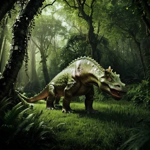 realistic, photography, high quality, forest, grass, monster, nature, tree, vines, dinosaur, animals, jungle, <lora:FDDino:.5>