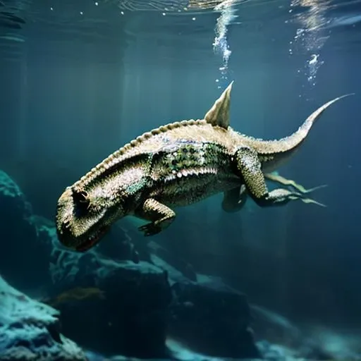 realistic, photography, high quality, water, underwater, fish, ocean, dinosaur [dinosaur: crocodile: 0.5]  <lora:FDDino:1>