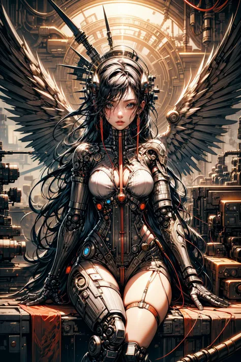 (masterpiece:1.2), (best quality:1.1), (intricate:1.1), (detailed:1.1), (ornate:1.1), (vibrant colors:1.2), BREAK,
(indoors:1.1), (factory:1.2), (machinery:1.0), (neon:1.0), BREAK,
(CyberAngel:1.0), (sitting:1.0), (mechanical parts:1.1), (mechanical limbs:1.1), (mechanical wings:1.1), (cybernetic augmentations:1.0), (probes:1.0), (cables:1.0), (wires:1.0), <lora:Cyber_Angel:1.0> , BREAK,
(biopunk:1.0), (cyberpunk:1.0), (technology:1.0)