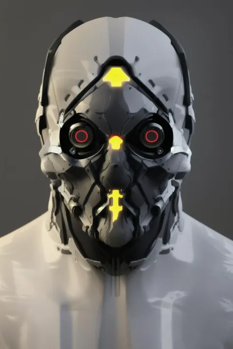 a man with a metal face piece on his head, ( hightech_robotics )