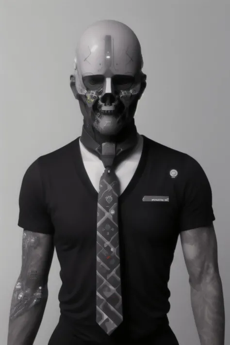 (a man with tattoos on his arms and a tie, hightech_robotics ,)