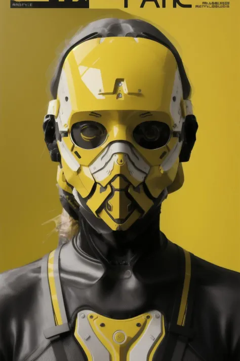 (a woman with a yellow mask on a magazine cover, hightech_robotics ,)