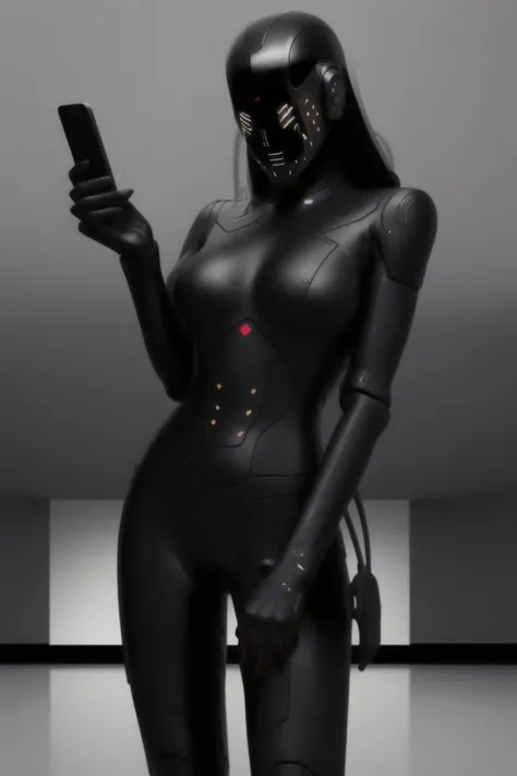 (a woman in a black leather outfit holding a cell phone, hightech_robotics ,)
