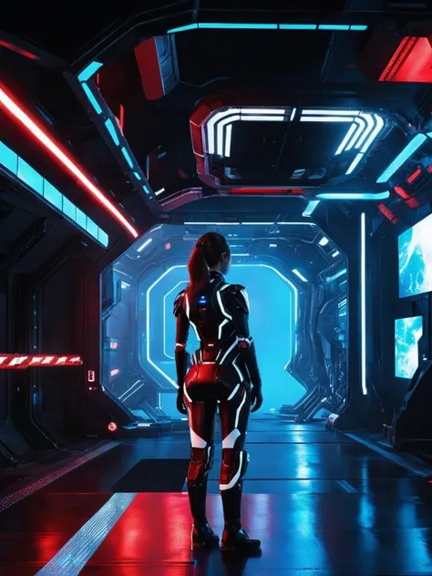 a hightech robotics in a futuristic space station with red and blue lights , 1girl, solo, standing, from behind, building, scenery, 1other, science fiction, light, road , <lora:hightech_robotics:0.9>