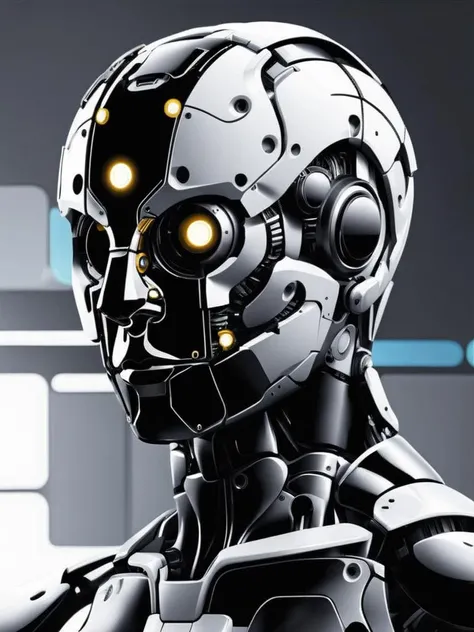 polished chrome humanoid with warm LED eyes