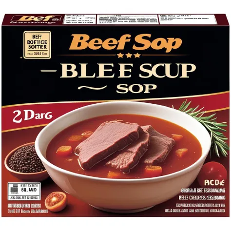 A packaging box designed for a beef slice soup seasoning pack. The box should be visually appealing and practical for storing seasoning packets. The primary colors could be warm tones like red and brown to signify the richness of the beef flavor. ,<lora:beef_noodle:0.55>,The product name should be prominently displayed in English on the front of the box, perhaps with a stylish font that evokes a sense of quality and tradition. Imagery on the box could include illustrations or photos of the beef slices, herbs, and spices that are part of the seasoning. Additional text could include cooking instructions, ingredients, and nutritional information , <lora:tlbv1:0.5>
