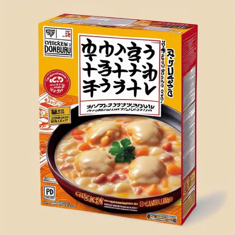 A packaging box designed for a Chicken Leg Donburi Cooking Kit. The box should be visually appealing and sturdy, suitable for holding all the ingredients and cooking instructions. The primary color scheme should evoke the flavors and textures of Chicken Leg Donburi, perhaps using warm colors like brown, orange, and yellow. The product name 'Chicken Leg Donburi Cooking Kit' must be prominently displayed in English on the front of the box. Imagery on the box could include illustrations or photos of succulent chicken legs, steaming rice, and other ingredients like vegetables and sauce. The overall design should convey the ease and deliciousness of making Chicken Leg Donburi at home , <lora:tlbv1:0.6>