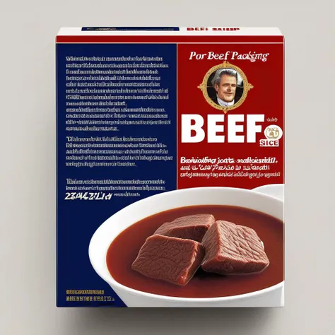 A packaging box designed for a beef slice soup seasoning pack. The box should be visually appealing and practical for storing seasoning packets. The primary colors could be warm tones like red and brown to signify the richness of the beef flavor. ,<lora:beef_noodle:0.55>,The product name should be prominently displayed in English on the front of the box, perhaps with a stylish font that evokes a sense of quality and tradition. Imagery on the box could include illustrations or photos of the beef slices, herbs, and spices that are part of the seasoning. Additional text could include cooking instructions, ingredients, and nutritional information , <lora:tlbv1:0.5>
