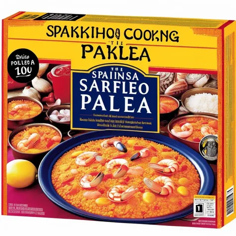 A packaging box designed for a Spanish Seafood Paella Cooking Kit. The box should be vibrant and colorful, capturing the essence of Spanish culture and cuisine. Imagery of the key ingredients like seafood, saffron, and rice should be prominently displayed. The product name 'Spanish Seafood Paella Cooking Kit' must be printed in bold, easily readable English letters on the front of the box. Additional graphics could include a paella pan, lemon wedges, and perhaps a Spanish flag or cultural elements like flamenco dancers or guitars. The overall design should evoke the flavors and excitement of cooking and enjoying a traditional Spanish paella , <lora:tlbv1:0.6>