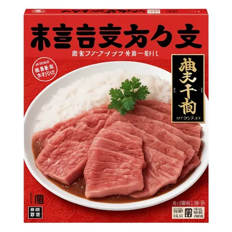 A packaging box designed for a cooking kit that allows customers to prepare their own raw Wagyu beef bowl (Gyudon) at home. The box should be visually appealing and luxurious to reflect the high-quality Wagyu beef inside. The design should incorporate traditional Japanese elements, perhaps some Kanji characters that spell out 'Wagyu' or 'Gyudon,' along with modern, clean lines for a contemporary feel. Imagery of the raw Wagyu beef, rice, and other ingredients should be prominently displayed. The colors should be rich and inviting, perhaps a deep red to signify the meat and a contrasting color for the text and other elements. The box should also have a clear section that lists the contents of the kit and simple cooking instructions, <lora:tlbv1:0.6>  ,  <lora:jpbeef:0.4>