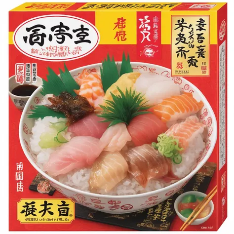 A packaging box designed for a sashimi rice bowl (Donburi) cooking kit. The box should prominently feature a high-quality, appetizing image of a sashimi rice bowl, complete with various types of fresh sashimi, rice, and garnishes like wasabi and pickled ginger. The colors of the box should complement the vibrant colors of the sashimi and other ingredients. Branding and text should be clear and easy to read, perhaps including cooking instructions or a list of included ingredients. The overall design should evoke a sense of freshness, quality, and authenticity, encouraging consumers to purchase the kit, <lora:tlbv1:0.45> ,<lora:sushi_SDXL_V2:0.8> nigiriL, sushi, food focus, food, still life, vegetable, plate, realistic,
