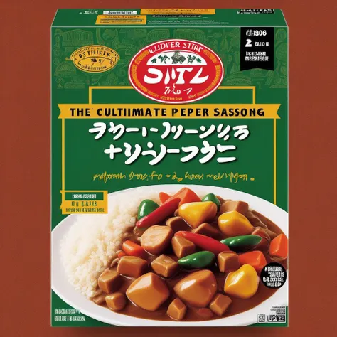 A packaging box for a stir-fry seasoning mix that includes pepper, soy sauce, garlic, and ginger. The box should be visually appealing and designed to catch the eye on a supermarket shelf. It should feature vibrant colors that represent the ingredientsâperhaps black for soy sauce, white for garlic, brown for ginger, and green for pepper. The front of the box must prominently display the product name in English, such as 'Ultimate Stir-Fry Seasoning Mix.' Imagery of the key ingredients should be tastefully arranged around the product name. The overall design should convey the essence of a quick, delicious, and easy-to-make stir-fry meal, <lora:tlbv1:0.55>