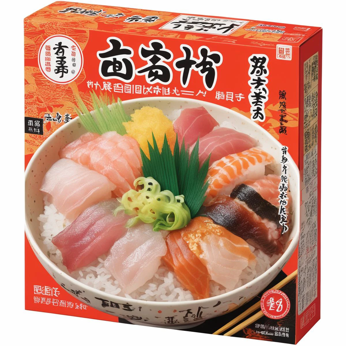 A packaging box designed for a sashimi rice bowl (Donburi) cooking kit. The box should prominently feature a high-quality, appetizing image of a sashimi rice bowl, complete with various types of fresh sashimi, rice, and garnishes like wasabi and pickled ginger. The colors of the box should complement the vibrant colors of the sashimi and other ingredients. Branding and text should be clear and easy to read, perhaps including cooking instructions or a list of included ingredients. The overall design should evoke a sense of freshness, quality, and authenticity, encouraging consumers to purchase the kit, <lora:tlbv1:0.45> ,<lora:sushi_SDXL_V2:0.8> nigiriL, sushi, food focus, food, still life, vegetable, plate, realistic,