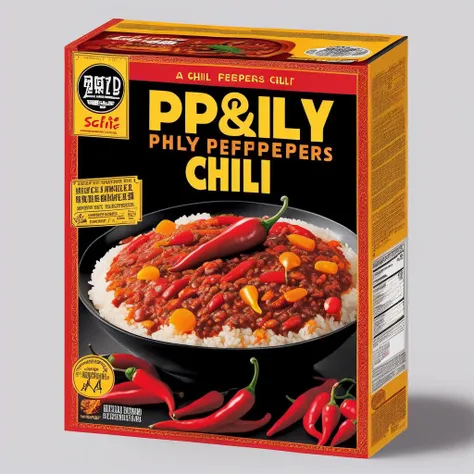 A packaging box designed for a chili sauce and stir-fried rice cooking kit. The box should be vibrant and eye-catching, using colors that evoke spiciness and warmth, such as reds, oranges, and yellows. The product name, 'Spicy Chili Stir-Fry Rice Kit,' should be prominently displayed in English on the front of the box. Imagery of chili peppers, a wok with stir-fried rice, and a bottle of chili sauce could be included to visually represent the contents. The design should also leave space for nutritional information, cooking instructions, and a barcode, <lora:tlbv1:0.55>