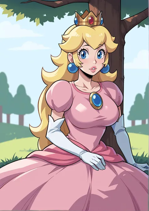 score_9, score_8_up, score_7_up, BREAK, <lora:sleepygimp-guy-PONYv1:1>, 1girl, solo, cowboy shot, large breasts, Princess Peach, \(Nintendo\), blue eyes, yellow hair, crown, sitting under tree, pink dress