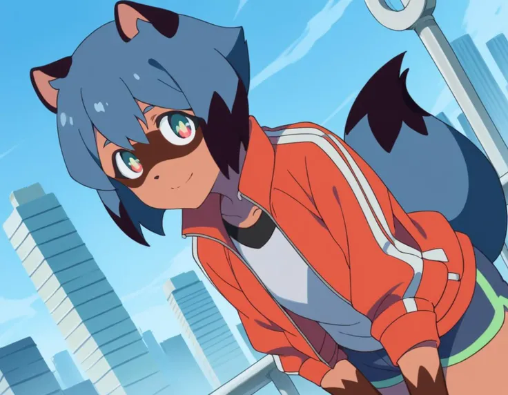 score_9, score_8_up, score_7_up, source_anime,
michirukagemori, <lora:michiru-kagemori-s1-ponyxl-lora-nochekaiser:1>,
michiru kagemori, short hair, black hair, animal ears, blue hair, multicolored hair, furry, furry female, raccoon ears, body fur, raccoon girl, raccoon tail, tail,
shirt, jacket, white shirt, shorts, red jacket, blue shorts, track jacket,
outdoors, cityscape, bent over, smile,
solo, dutch angle, looking at viewer, cowboy shot,