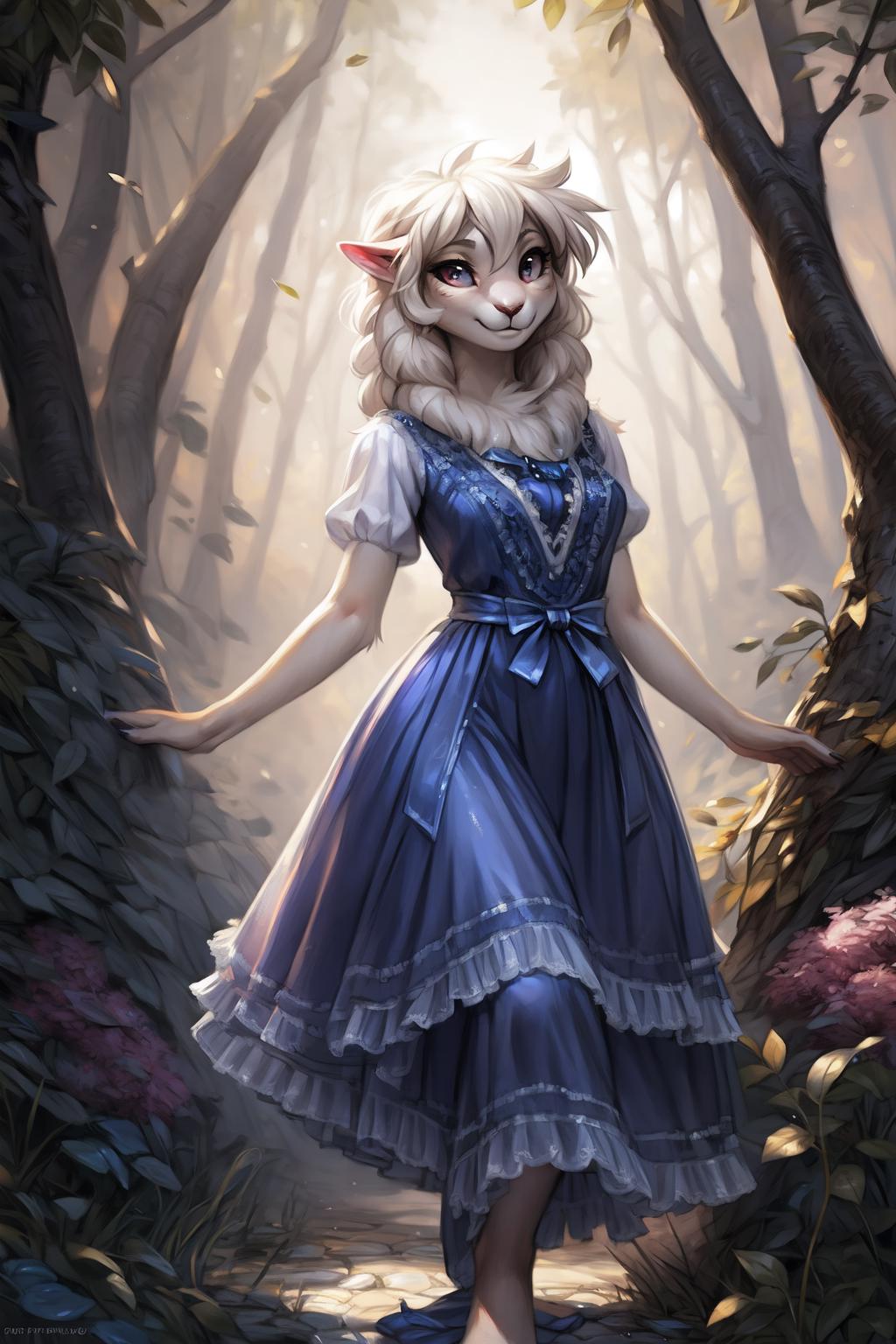 A painting of a girl in a blue dress standing in a forest - SeaArt AI