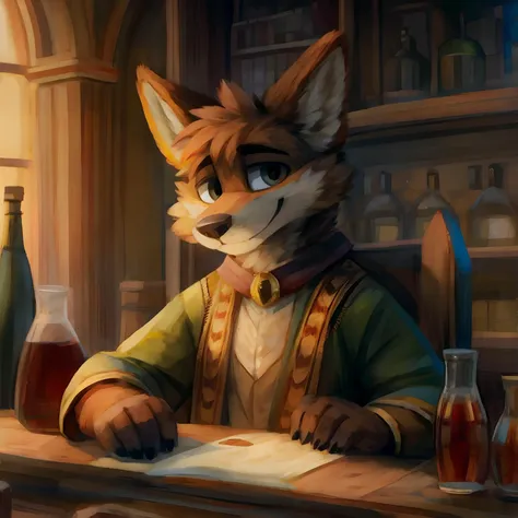 solo, male, dog, brown fur, alchemist clothes, high fantasy, mid-20s, fancy clothing, high-res, detailed background, from dungeons and dragons, brewing potion, alchemist lab background <lora:Jacato:0.8> jacota , by jacato, art by jacato ,  <lora:Furtastic_Detailer:0.8>