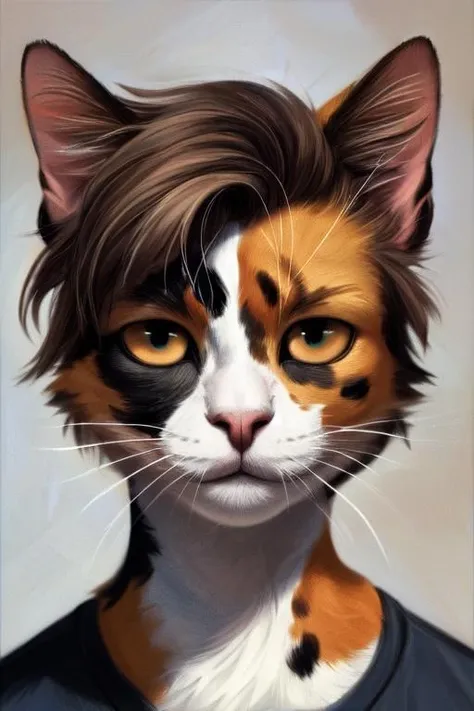 anthropomorphic calico cat adult male, solo, mammal, whiskers, fur, anthro, hair, hi res, tuft, detailed, looking at viewer <lora:Furtastic_Detailer:1>