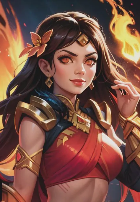 <lora:smite_pele:0.8>, smite_pele, smirk, fire, volcano, glowing eyes, portrait,, (gorgeous, beautiful, enchanting:1.3)